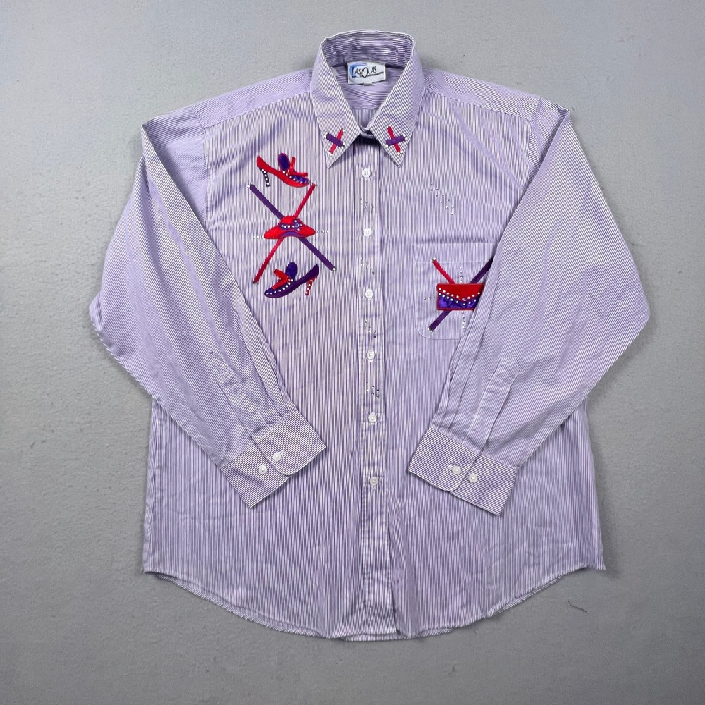 VTG Las Olas Button Down Shirt Womens L Purple Pinstripe Rhinestone Fashion Art